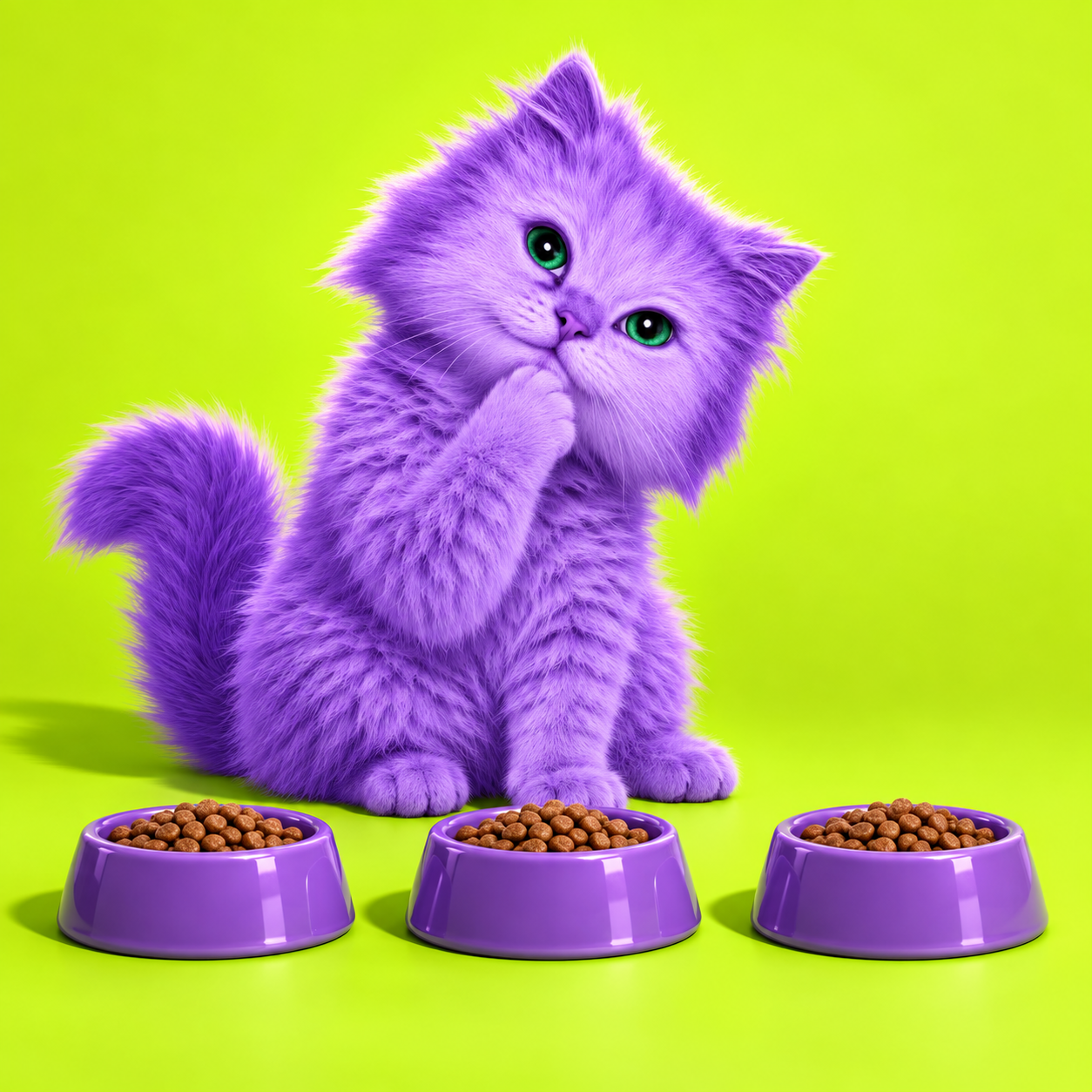 A purple kitten choosing between three bowls of Cat Food